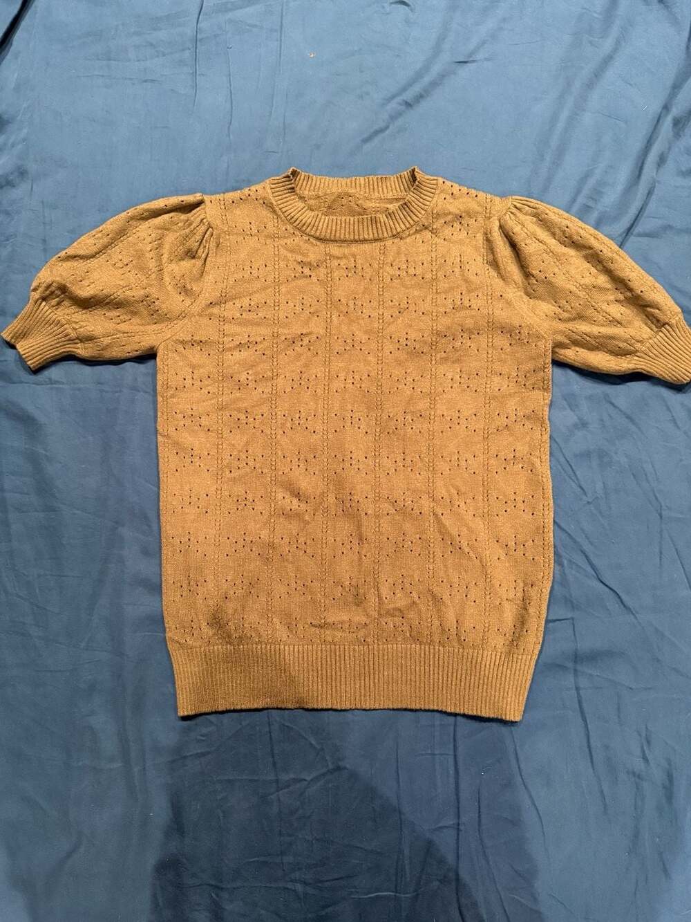 Women's Short Sleeve Puff Sleeve Pointelle Sweater Dark Green